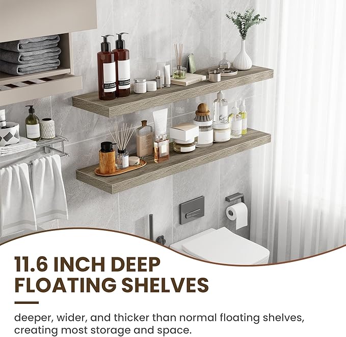 Acovy 48 Inch Floating Shelves, 12 Inch Deep Floating Shelves for Wall, Floating Shelf with Invisible Brackets, 12 inch Deep Wall Shelves for Bathroom, Bedroom, Living Room, Vintage Gray Oak