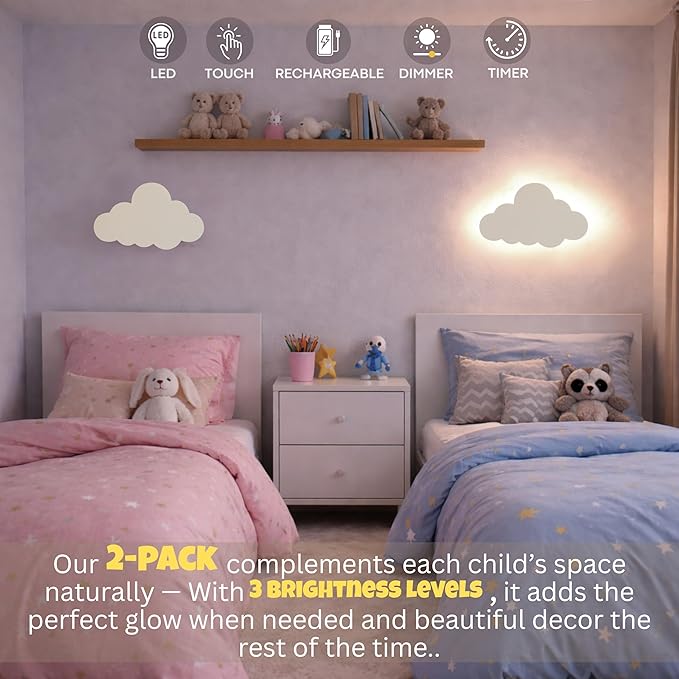 KALEOLI Cloud Wall Lights 2 Pack for Nursery – Dimmable & Rechargeable Night Lights for Baby Room Decor (Star Decals Included)