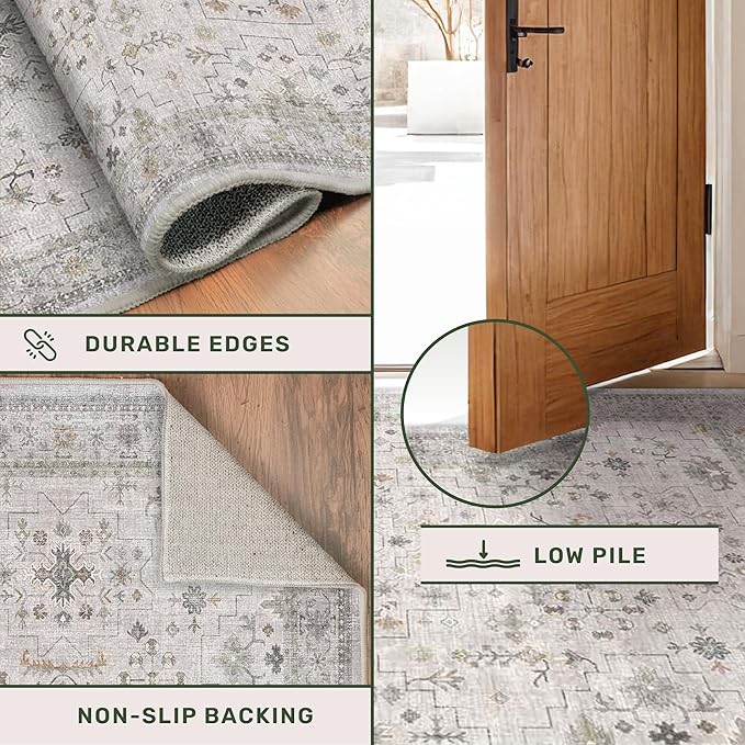 Washable 2x3 Throw Rugs for Entryway, Front Door Mat, Low Pile Non-Slip Small Area Rugs for Kitchen, Bathroom, Powder Room, Mudroom, Neutral Light Grey with Floral Accent