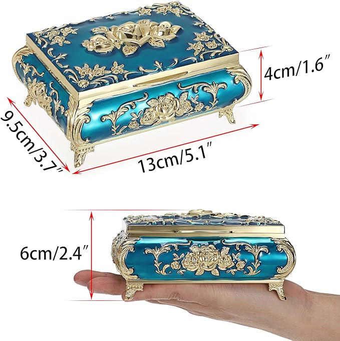 Hipiwe Metal Decorative Jewelry Box Vintage Treasure Chest Case Ornate Trinket Organizer Earrings Necklace Bracelet Storage Box Ring Holder Keepsake Box for Women