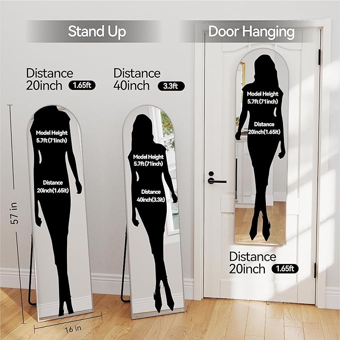 SCWF-GZ 57x16 Door Hanging Full Length Mirror, Floor Stand (Height 5.7ft just Body in1.3ft) / Wall Mounted Metal Frame Arch Dressing Mirrors for Bedroom Living Room 57 inch Silver