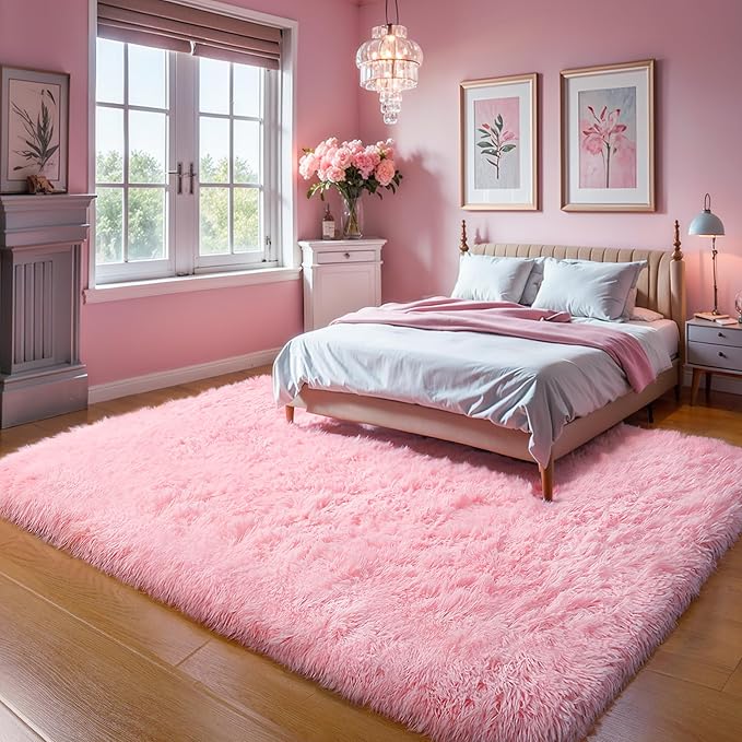 KICHOWUA Thick Area Rug Pink Fluffy Shag 3x5 for Girls Bedroom, Soft Cozy Fuzzy Plush Rug for Living Room, Machine Washable Shaggy Furry Pastel Carpet for Kids Toddler Boys Nursery Dorm Room
