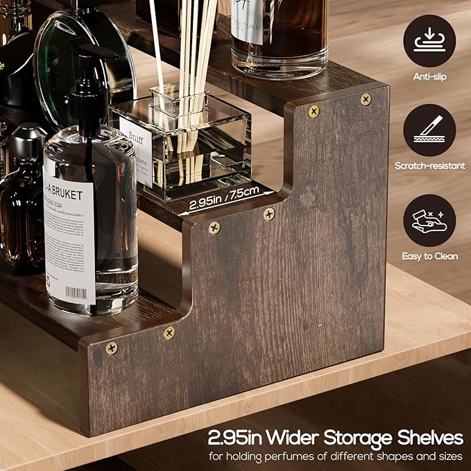 ProCase Wooden Cologne Organizer for Men, 3 Tier Perfume Organizer, Mens Cologne Stand Holder Storage, Display Riser Shelf Rack for Fragrances Candles Cosmetics Cupcake Figure Spice -Brown