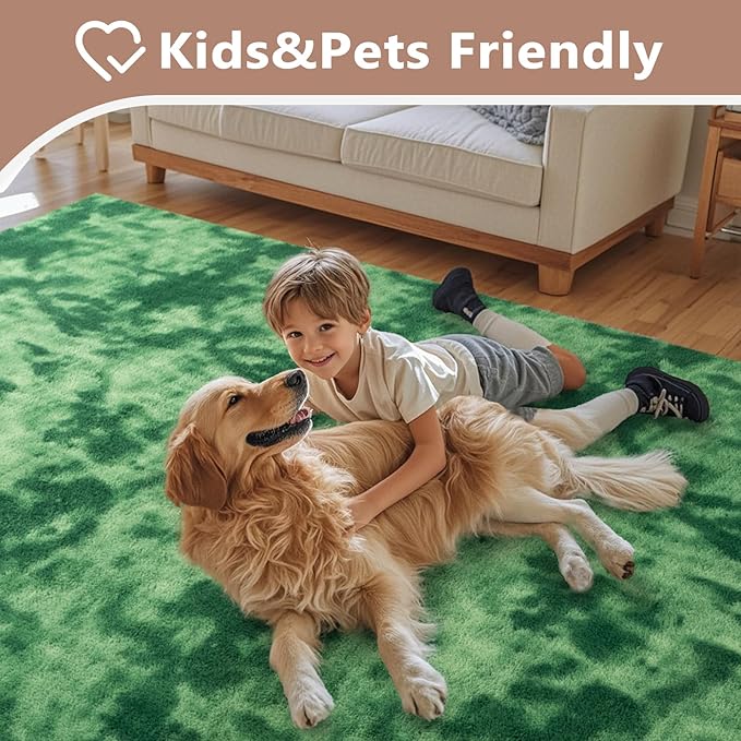 FinRèc 6x9 Washable Area Rugs for Bedroom Living Room, Low Pile Thin Ultra Soft Shag Rug, Non-Slip Carpet Indoor for Home Decor (Tie-dye Green)