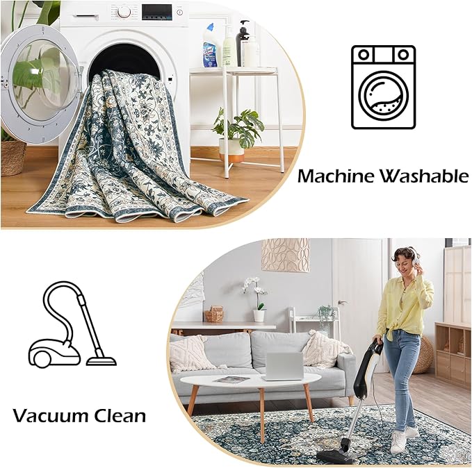 Goideal Washable Runner Rug 2x6, Vintage Rugs Non Slip, Indoor Low Pile Carpet with Rubber Backing for Kitchen Bathroom Entryway Office Bedroom,Black & White