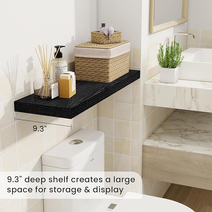 Fun Memories 9.3Inch Deep Floating Shelves for Wall, 30 Inch Rustic Wood Wall Mounted Shelves for Bathroom, Bedroom, Kitchen, Deep Floating Shelf for Storage & Home Decor (Black, Set of 2)