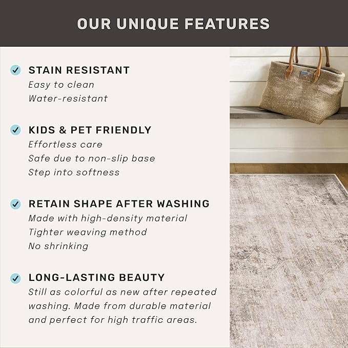 Hazo Haus Neutral Living Room Rug - 10x14 Farmhouse Beige Brown Large Area Rug for Dining Room, Bedroom, Low Pile Lightweight Washable