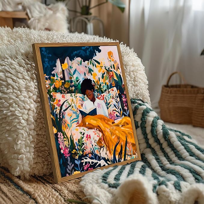 Framed Black Woman Reading Wall Art, Boho Black Girl Colorful Floral Paintings Wall Decor, African American Pictures Canvas Prints Aesthetic Home Decor for Living Room Bedroom Dorm 16x24 inch
