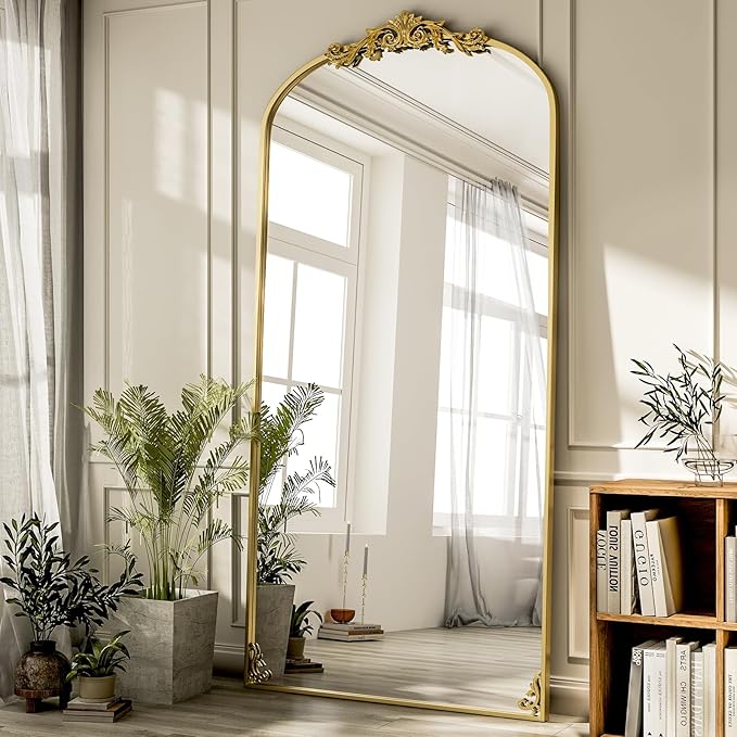 GLSLAND 77"x 38" Vintage Full Length Mirror - Large Carved Floor Mirror with Metal Frame Baroque Arched Full Body Mirrors for Bathroom/Living Room/Entryway,Gold
