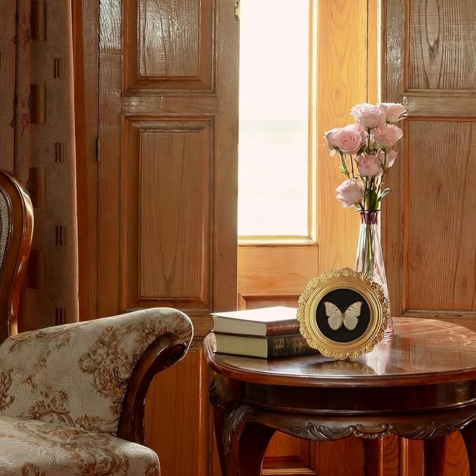 Small Vintage White Butterfly Round Picture Frame Wall Decor, Dark Insect Gold Mini Ornate Photo Frame for TableTop Desk 2.7in Photo, Gothic Framed Artwork for Walls Office Bedroom Shelf