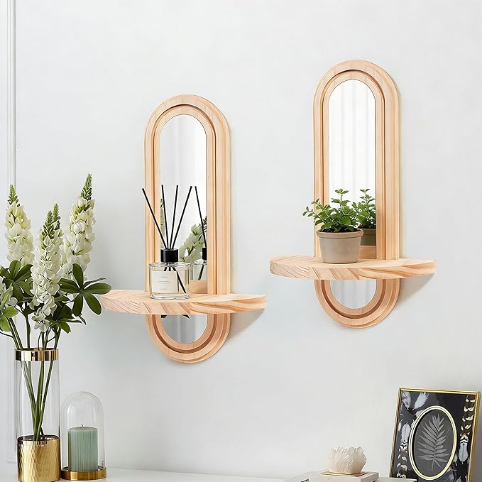Wooden Wall Floating Shelves, 2PC Boho Arched Wall Shelf,Decorative Mounted Display Shelf with Acrylic Frameless Mirror, Nature Wood Shelves for Home Holding Planter Decoration