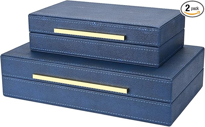 Navy Blue Shagreen box Set of 2 Faux Leather Decorative Boxes,Large Nesting Storage Decorative Boxes with Lids for Modern Home Decor Stacking Jewelry Box Organizer