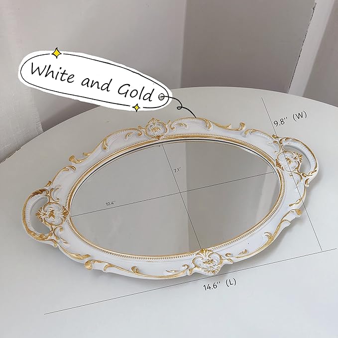 Schones Geschaft Decorative Mirror Tray, Makeup Jewelry Perfume Organizer, Vintage Oval Display and Serving Tray for Bedroom Living-Room Dresser Decor (14.6”x 9.8”) (White - Oval)