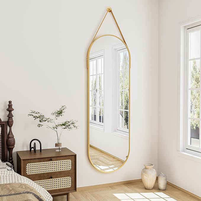 Full Length Mirror, Oval Wall Mounted Mirror, 48"x16" Door Mirrors with Hanging Leather Strap, Wall Mirrors Full Length with Aluminum Frame for Bathroom Living Room Entryway (Gold)