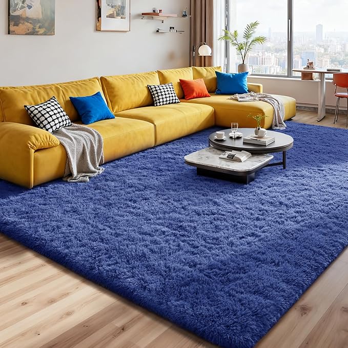 Modern Soft Fluffy Small Shaggy Rug for Bedroom Livingroom Dorm Kids Room Indoor Home Decorative, Non-Slip Plush Furry Fur Area Rugs Comfy Nursery Floor Carpet 7X10 Feet, Light Navy