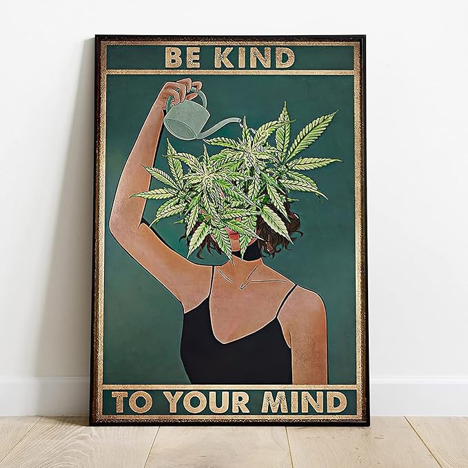 Framed Art Vintage Be Kind To Your Mind Poster Mental Health Quote Canvas Wall Art Cool Poster Unique Green Plant Girl Print Painting Retro Home Wall Decor Picture for Women Bedroom 24x36in