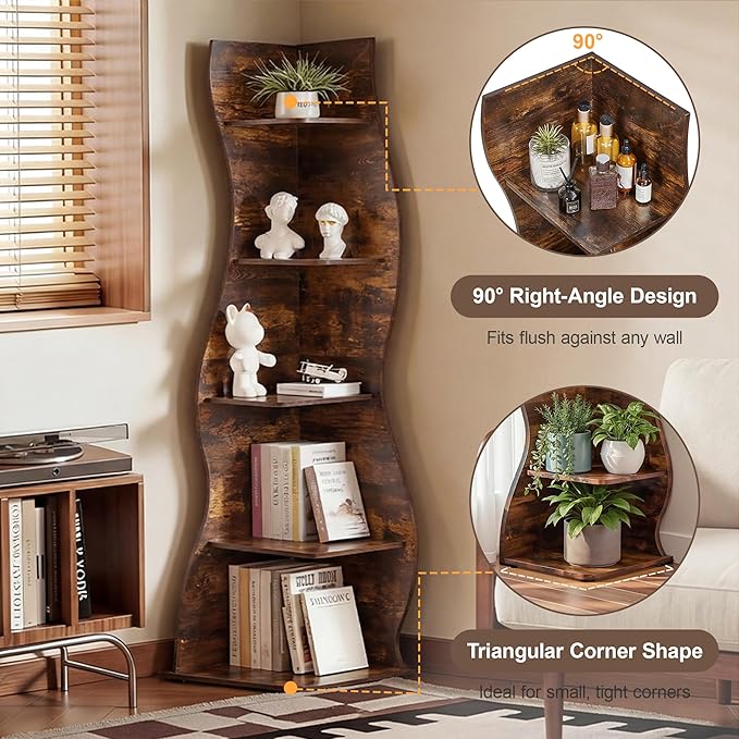 VECELO Wavy Corner Shelf, Decorative 5-Tier Storage Bookshelf, 70.1” Tall Freestanding Display Bookcase for Small Spaces, Living Room or Bedroom, Rustic Brown