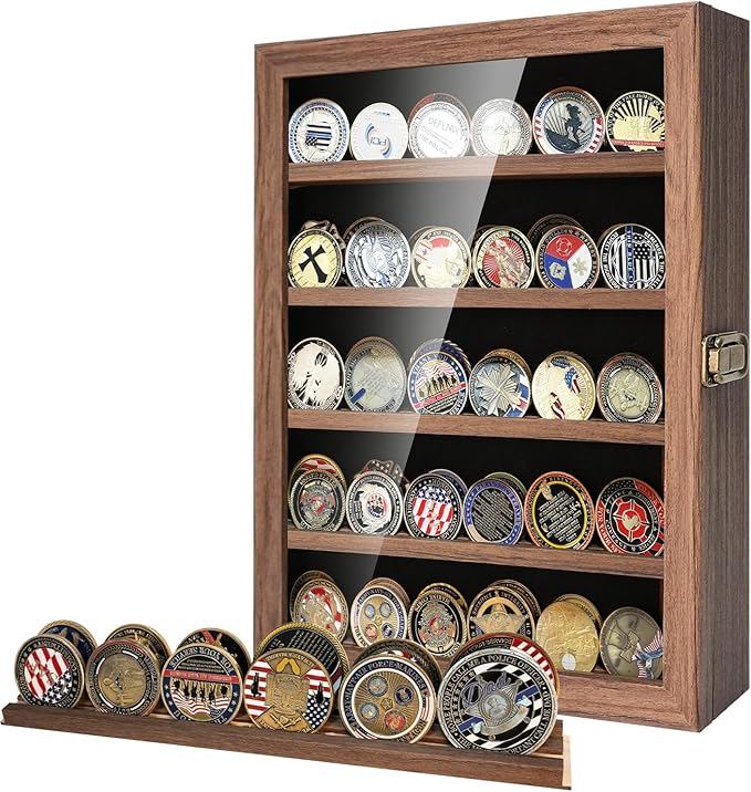 Military Challenge Coin Display Case Holder with HD Toughened Glass and Wall Mount, Wooden Coin Stand Rack with Removable 2 Grooves Shelves, Rustic Brown…