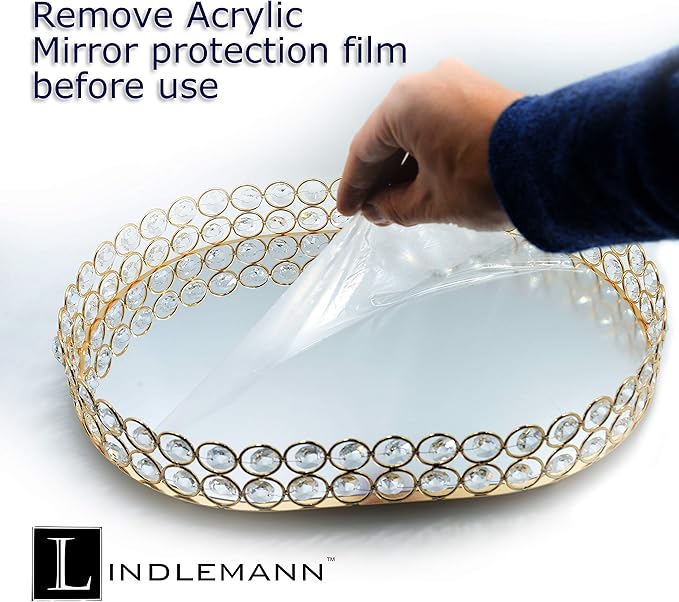 Crystal Vanity Tray Decorative Mirrored Dresser Perfume Trays for Makeup Cosmetic Storage Jewelry Trinket Storage Organizer for Bathroom Countertop Home Décor (Oval, 14x10in, Gold)