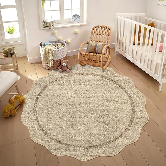 GarveeHome Scalloped Round Washable Rug, Soft Modern Round Rugs 5ft Circle Carpets for Bedroom Ultra-Thin, Boho Jute Print Distressed Circular Carpet for Living Room Dorm Bedside, Jute