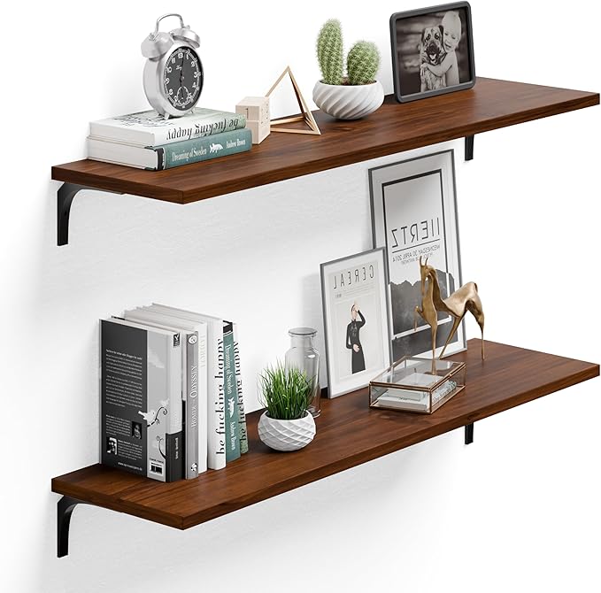 12 Inch Deep Floating Shelves Set of 2, 36 Inch Extra Wide Vintage Walnut Solid Wood Wall Shelves, 100 lbs Heavy Duty Wall Mounted Shelving for Kitchen, Living Room & Bedroom