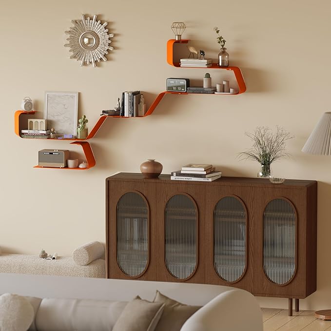 Sttoraboks Floating Wall Shelves Set of 3, Metal Mounted Shelf with Unique Design, Bookshelf for Storage & Display in Bathroom, Bedroom, Kitchen, Living Room, Orange Home Decor