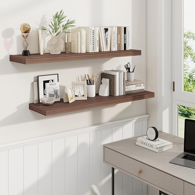 Fun Memories 40 Inch Walnut Floating Shelves, 9.3 Inch Deep Wall Shelves for Living Room|Bedroom|Kitchen, Rusitc Wall Mounted Bathroom Shelves 2 Pack, Heavy-Duty Deep Shelf for Books，Decor