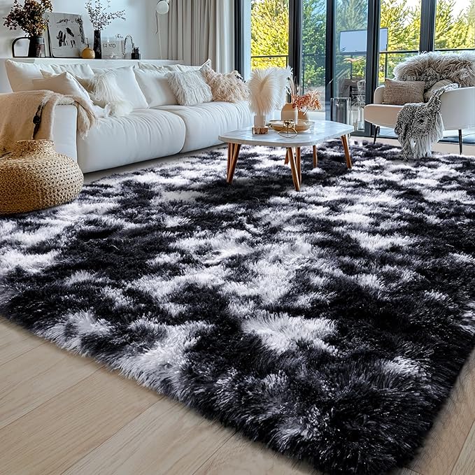 8x10 Area Rugs for Living Room, Ultra Soft Fluffy Large Shaggy Rug Carpet for Bedroom, Non-Slip Fuzzy Plush Rugs for Nursery Boys Girls Kids Room Modern Indoor Home Decor, Black and White