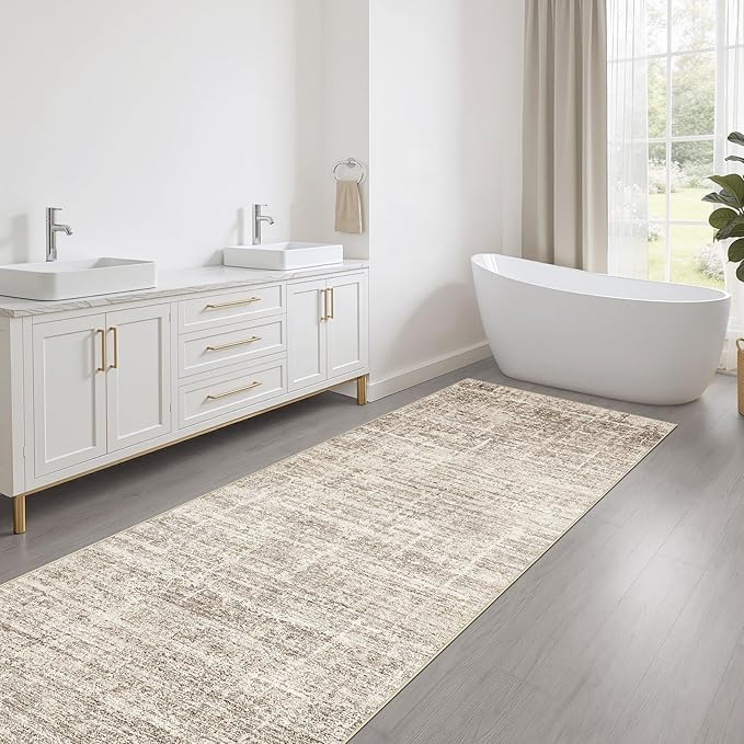 Runner Rug Non-Slip Kitchen Rug: 3x8 Washable Abstract Modern Soft Stain Resistant Indoor Floor Neutral Accent Throw Carpet for Hallway Bathroom Laundry Room Bedroom Entryway- Brown