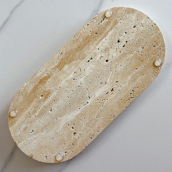 Natural Marble Oval Tray Ornaments Vintage Small Tray Storage Dish for Counter, Vanity, Dresser, Nightstand and Desk (Beige Travertine)