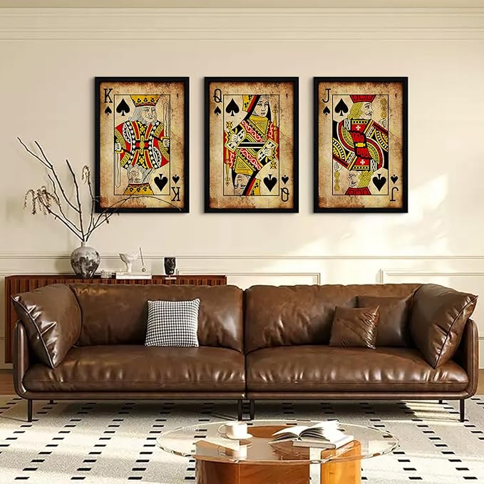Playing Card Wall Art Poster Vintage Poker Canvas Wall Decor Retro Game Room Art Picture Joker King Queen Poster Trendy Retro Prints Vintage Poker Painting Artwork for Bedroom 16x24 Inch Framed 3Pcs