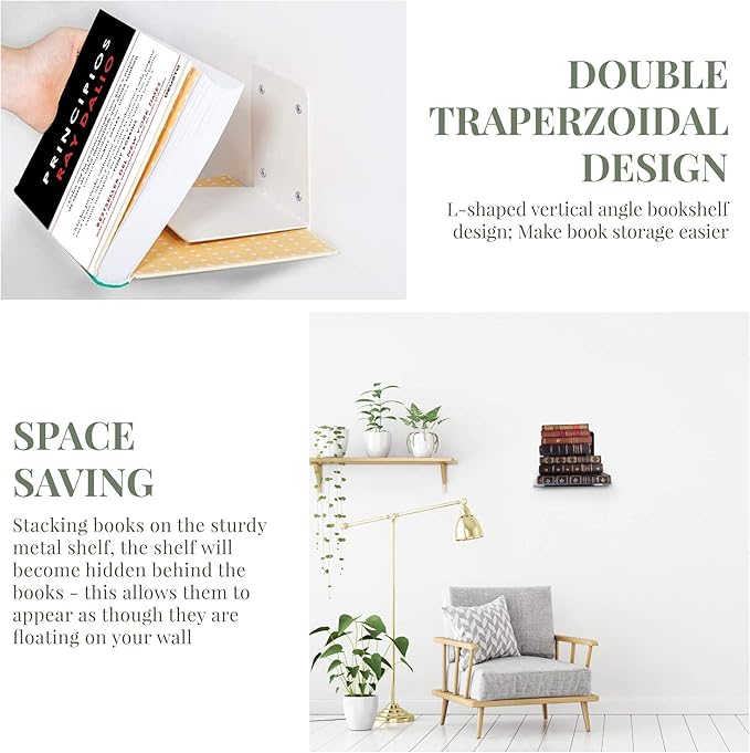 Set of 4 Invisible Floating Bookshelf, Heavy Duty Wall Mounted Book Organizer, Metal Shelves Holder for Books, Large Size (White)