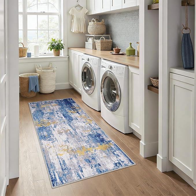 RELEANY Washable Area Rugs 3x6 Non-Slip Modern Abstract Soft for Living Room Entryway Bedroom Nursery, Print Pattern, Grey Blue Gold/Golden