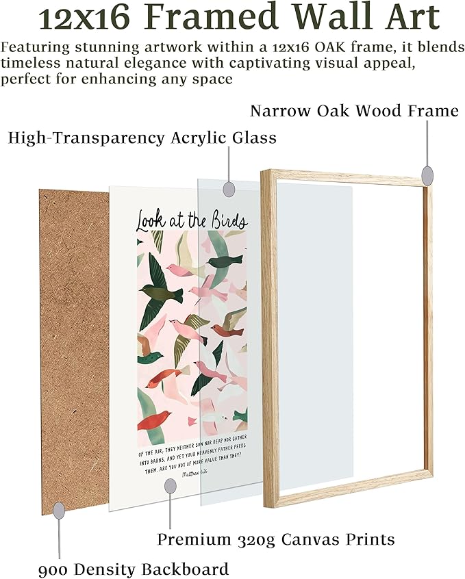 EcoHest OAK Wood Framed Wall Art, 12x16in Matthew 6 Look At the Birds of the Air Bible Verse Christian Wall Art, Modern Bedroom Decor For Living Room Bathroom Religious Gift 1Pack