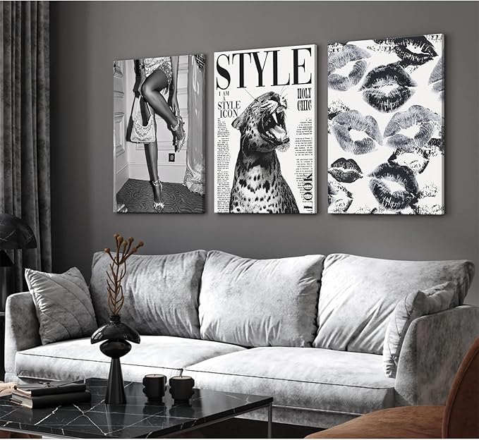Trendy Leopard Wall Art Black and White Cheetah Canvas Wall Decor Fashion Preppy Room Poster Vintage Y2k Aesthetic Prints Funky Heels Lips Pictures Artwork for Girl Bedroom 12x16x3 Inch Wrapped Canvas