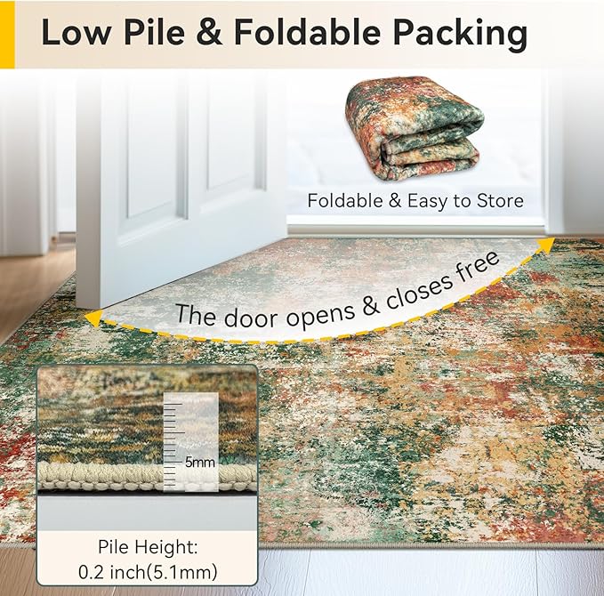 RELEANY Washable Area Rugs 4'x6' Non-Slip Modern Abstract Soft for Living Room Entryway Bedroom Nursery, Print Pattern, Green Orange Rust Red Cream Colorful