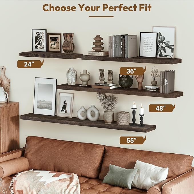 Vivelove Elm Wood Floating Shelves, Wooden Shelves for Wall with Invisible Bracket for Living Room Bedroom Bathroom Office Book, Rustic Farmhouse Display Shelf, 55 Inch Set of 1- Dark Walnut