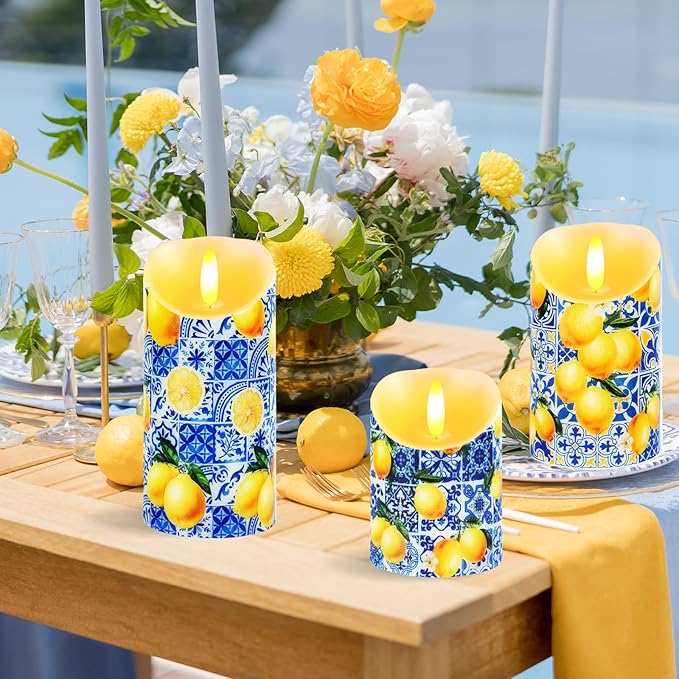 3 Pcs Capri Blue White Lemon Flameless Candles Battery Operated LED Mediterranean Blue White Flickering Pillar Blue Tiles Lemon Printed Faux Candle for Capri Party Wedding Home Party