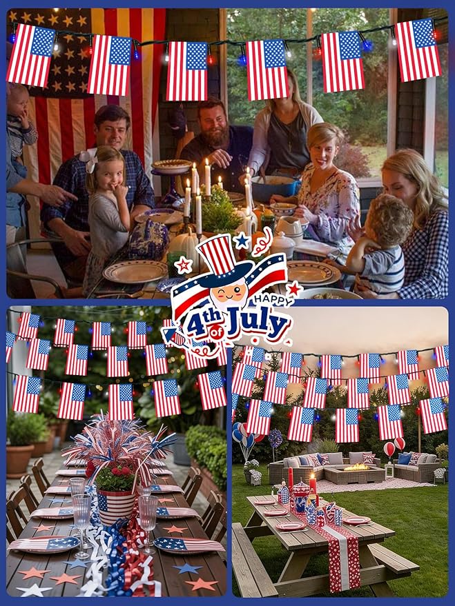 4th of July Decorations, Solar American Flag Lights Outdoor with 8 Modes, 18.8FT 25 USA Flags & 50 Red White and Blue LEDs Patriotic String Lights Waterproof for Independence Day 250th Anniversary