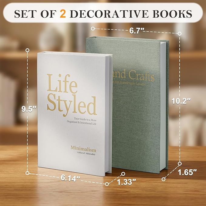 Realistic Decorative Book Boxes with Hidden Storage, Set of 2 Linen Faux Books, Sturdy and Neutral Home Decor for Coffee Table, Bookshelf, Entryway and Office