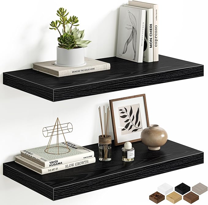 Black Floating Shelves for Wall, 24 Inch Floating Shelves Set of 2, Wall Mounted Rustic Wood Shelf for Bathroom, Living Room, Bedroom and Kitchen, Hanging Shelf for Storage, Books, Home Decor