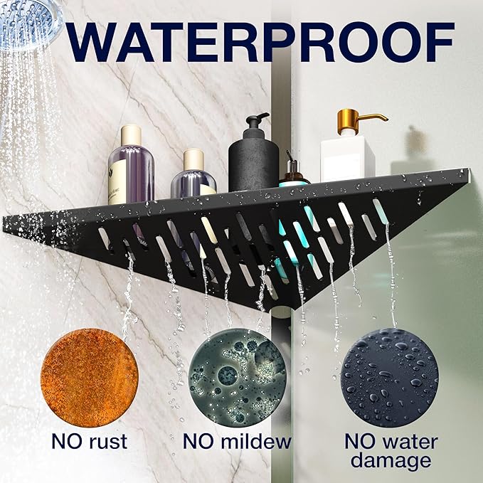 Bathroom Corner Shelves for Shower - Adhesive / Stick / Drill / No Drill - 16" Strong Black Floating Corner Shelf for Tiled Wall, Bathroom, Inside Shower Caddy, Shelf Wall Mount Triangular, Organizer