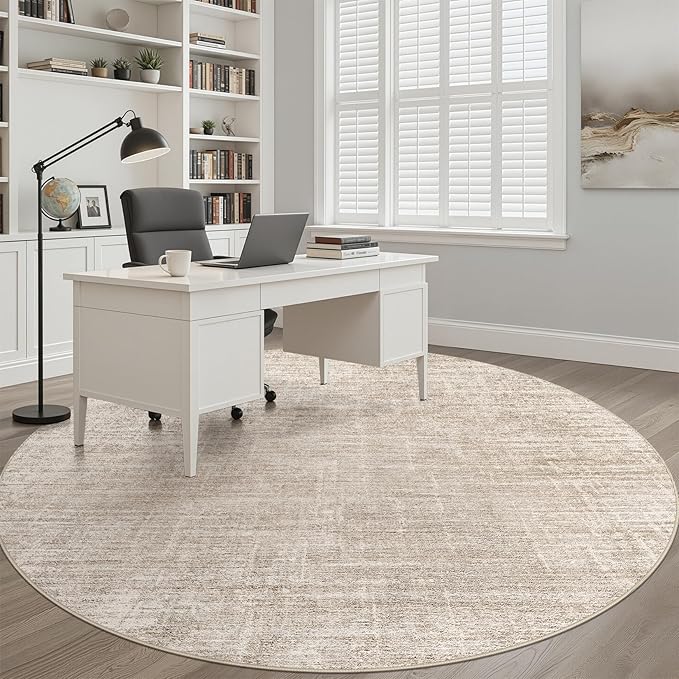 8ft Round Rug Living Room: 8x8 Washable Large Neutral Beige Circle Area Rug Abstract Soft Modern Stain Resistant Indoor Floor Non-Slip Carpet for Bedroom Nursery Kids Office Playroom Dining Room