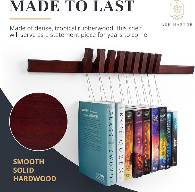 Ash Harbor Floating Wall Bookshelf - Wall Mounted Book Organizer with Included Bookmarks - Hardwood Hanging Bookshelf for Bedroom, Living Room, or Kitchen - A Thoughtful Gift for Book Lovers (Dark)