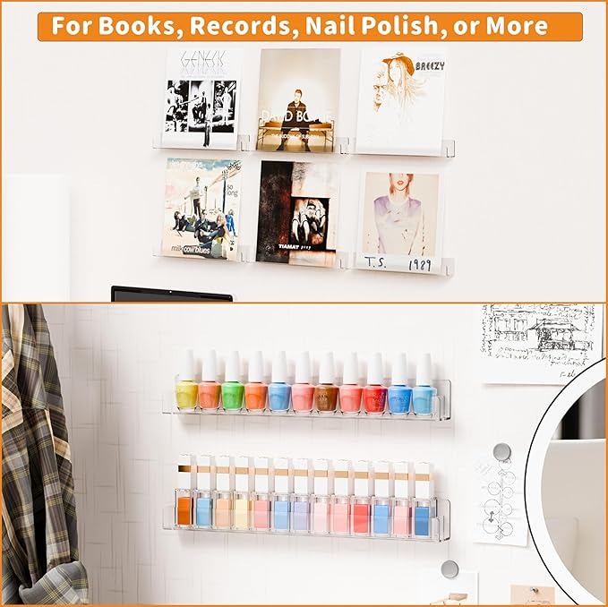 Cq acrylic 15" Clear Floating Bookshelf for Kids Room - Invisible Hanging Wall Mounted U Shaped Shelf, Modern Display for Books,Picture Ledge Display,Vinyl Records Wall Shelf,Toy Storage,Pack of 2