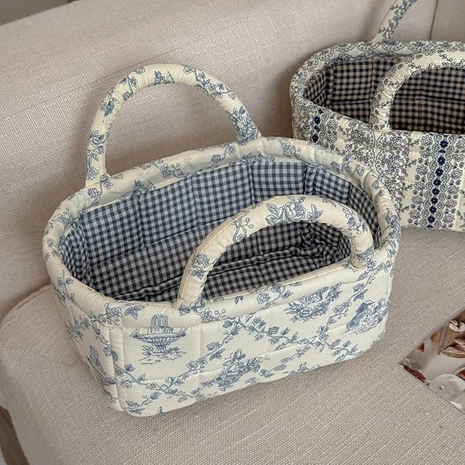 Mini Boho Fabric Storage Baskets – Decorative Small Floral Organizer Boxes with Soft Handles, Holds Cosmetics, Jewelry, Socks