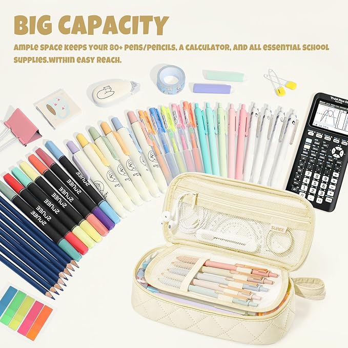 SUNEE Cute Pencil Case, Large Capacity Pencil Pouch Aesthetic Zipper Pencil Bag, Big Storage Pen Organizer for Stationery, Soft Quilted Pencil Box Back to School Supplies for Teen Girls Boys, Cream