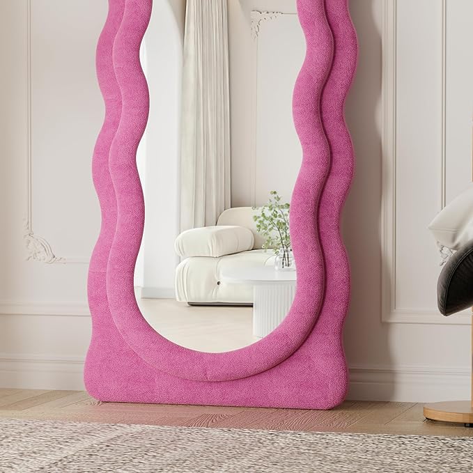Rowjut Full Length Mirorr, 63"x24" Mirrors Full Length, Irregular Wavy/Wall Mounted/Standing Floor Mirror with Flannel, Body Mirorr Hanging or Leaning Against Wall for Bedroom (Pink)
