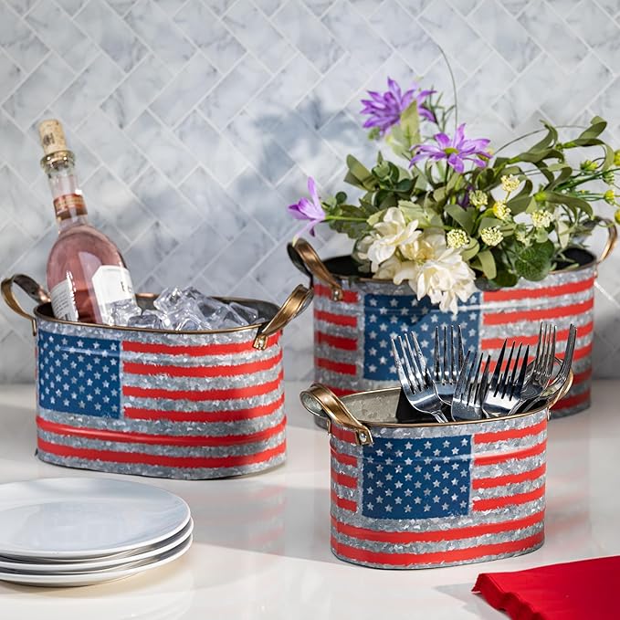 One Holiday Way Set of 3 Oval Nesting American Flag Decorative Metal Buckets – Indoor Outdoor 4th of July Country Decoration – Patriotic Home and Garden Decor