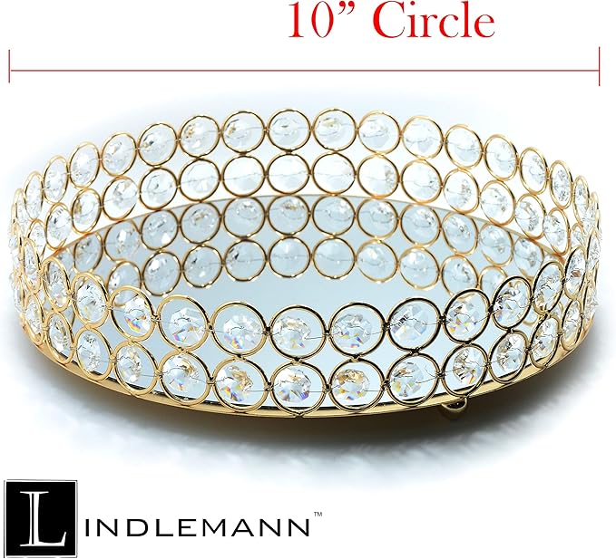 Crystal Decorative Tray Metal Mirrored Perfume Cosmetic Organizer Jewelry Trinket Display Storage Vanity Trays Home Décor Accents Luxury Gift (Round, 10in, Gold)